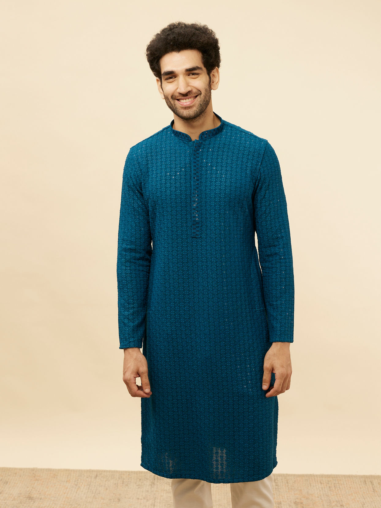 alt message - Manyavar Men Teal Blue Chikankari Embroidered Sequined Kurta Set image number 0